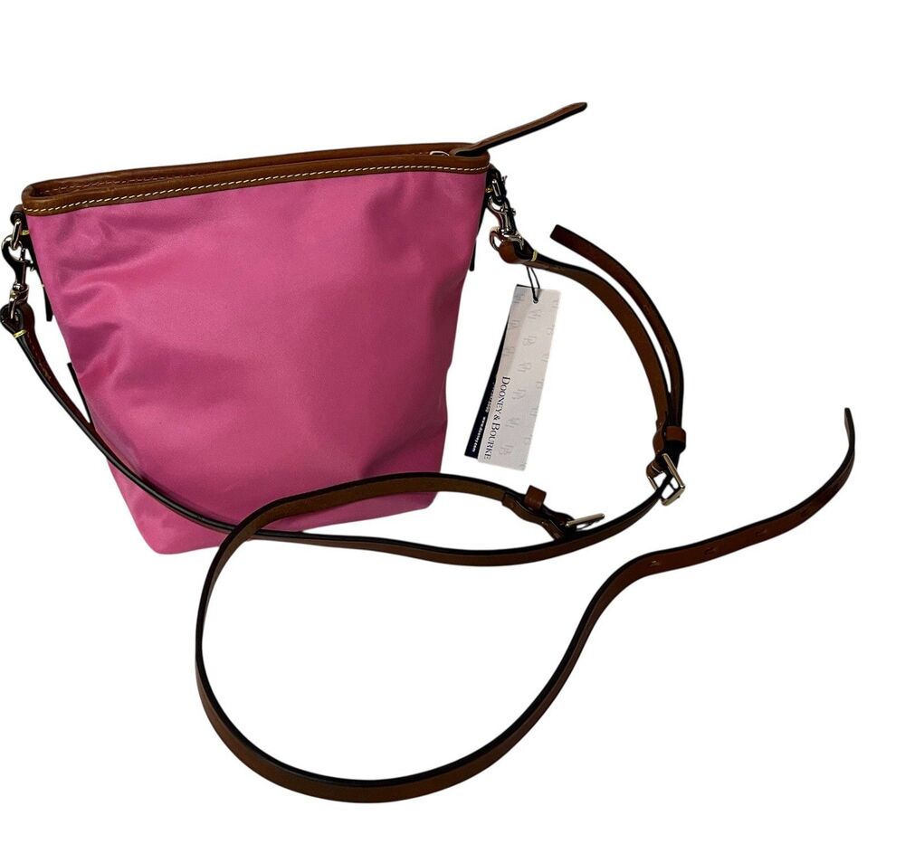 Dooney Bourke Pink Nylon Crossbody Shoulder Bag Brown Leather Trim Duck Logo NWT - Picture 14 of 16